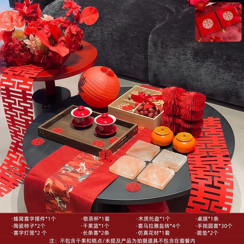 Chinese-Style Wedding Room Coffee Table Decoration Wedding Decoration Tea Ceremony Set Wedding Engagement Banquet Ritual Table Setting Complete Set - Image 1